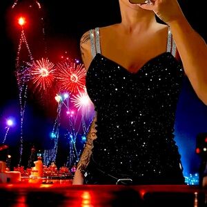 Black Sequin Tank Top with Silver Straps